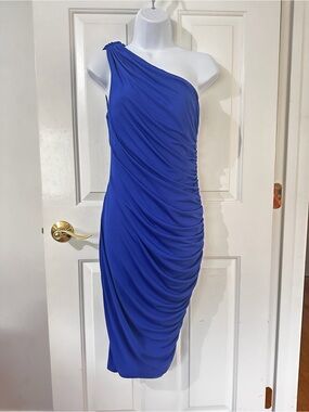 PattyBoutik One-Shoulder Cobalt Blue Ruched Dress